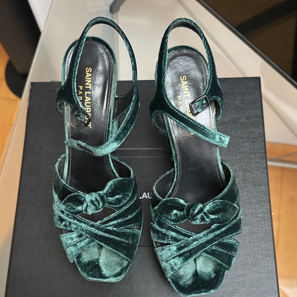 Saint Laurent Dark Green Velvet Sandals